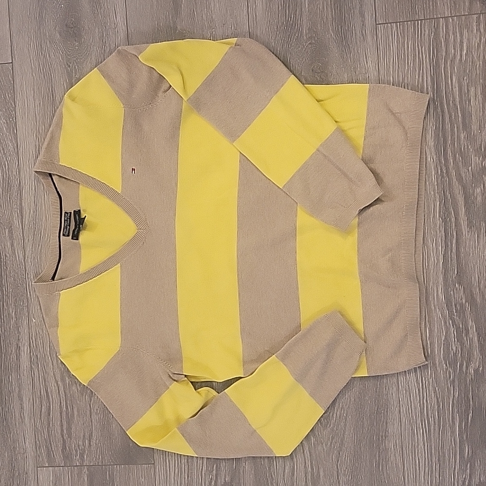 TOMMY HILFIGER WOMENS RUGBY STRIPE V-NECK SWEATER SIZE L TAN/YELLOW